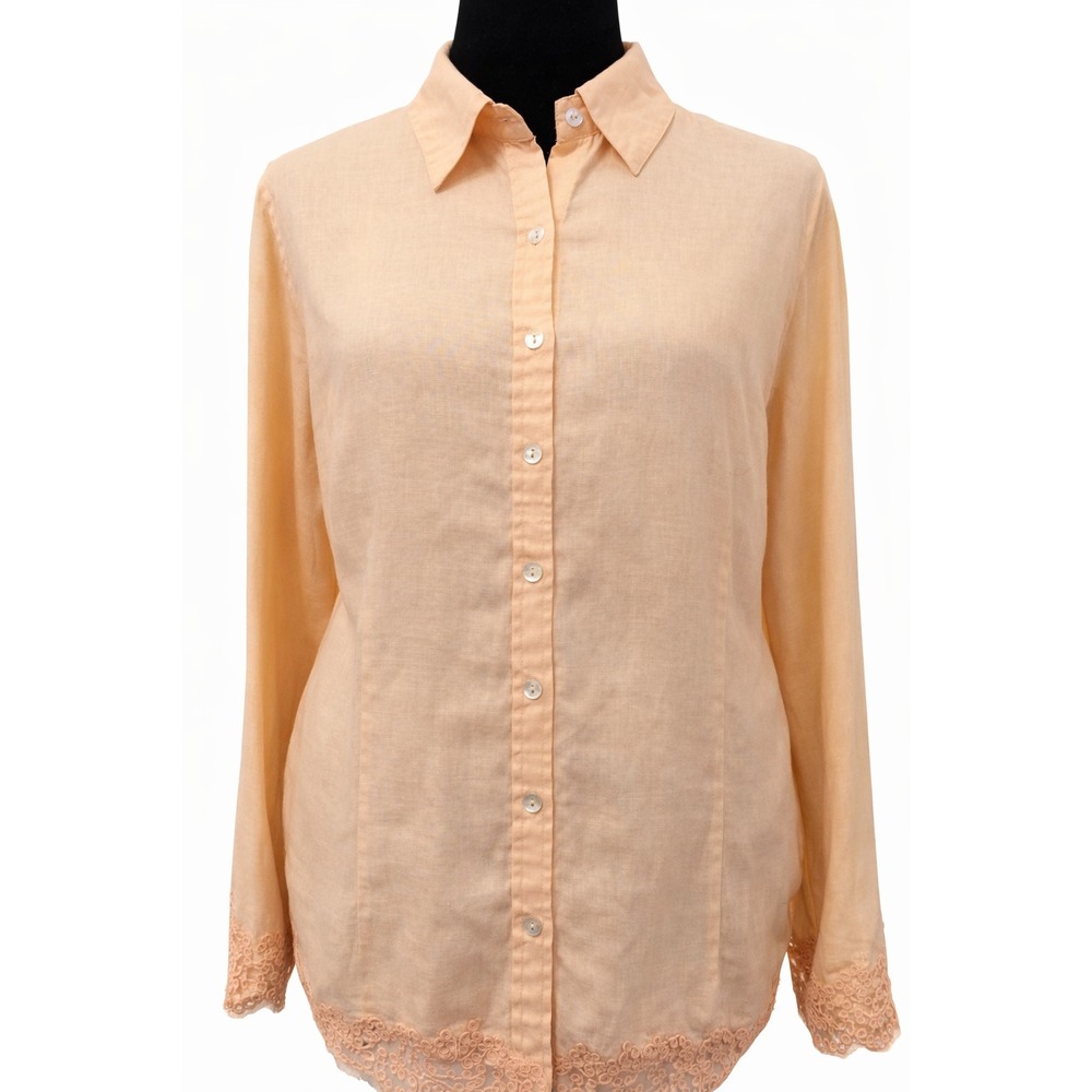 Soft Surroundings Womens Tunic‎ Blouse Size XL Orange Linen Lace Accent Detail